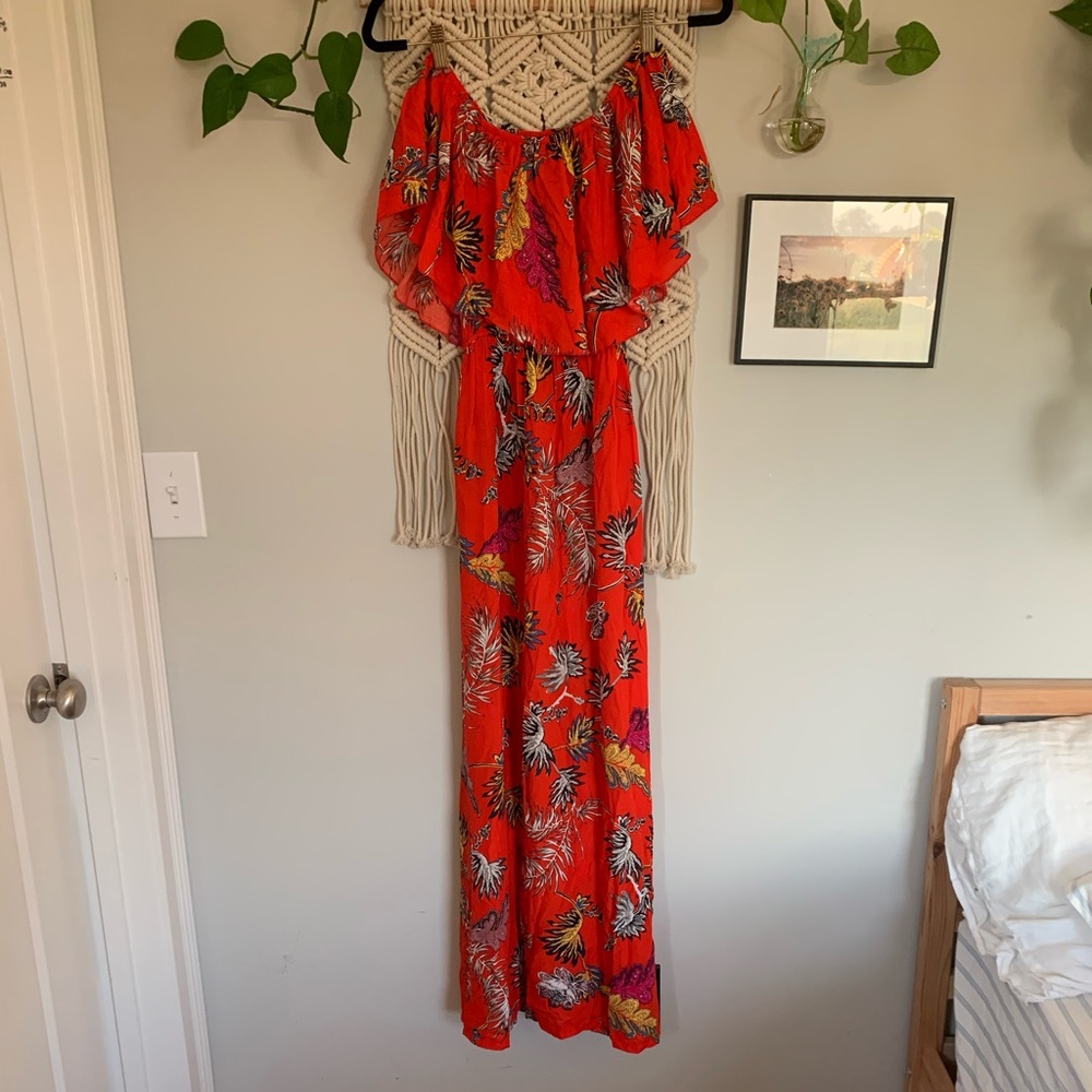 Red tropical flower off the shoulder dress